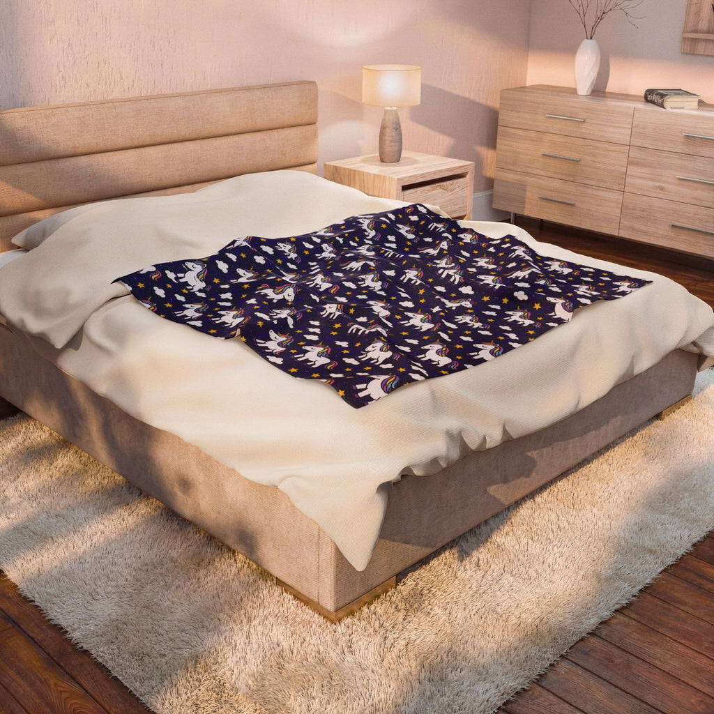 Cute Rainbow Unicorn Pattern Velveteen Plush Blanket | Navy Stars Clouds