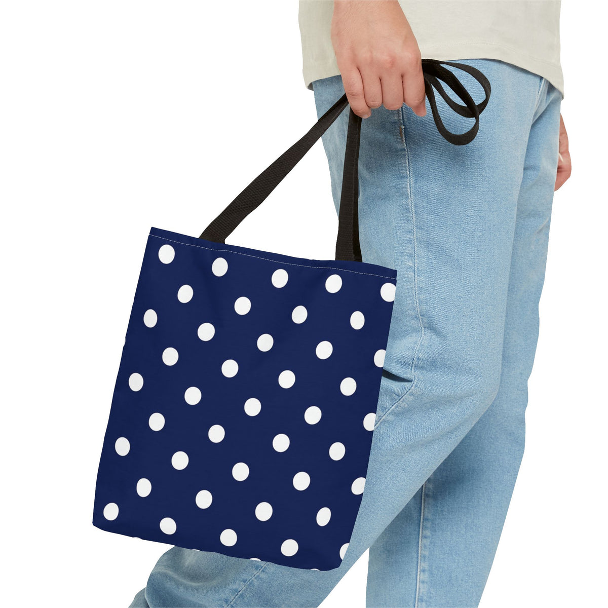 Navy Polka Dot Tote Bag | White Dots All Over Pattern