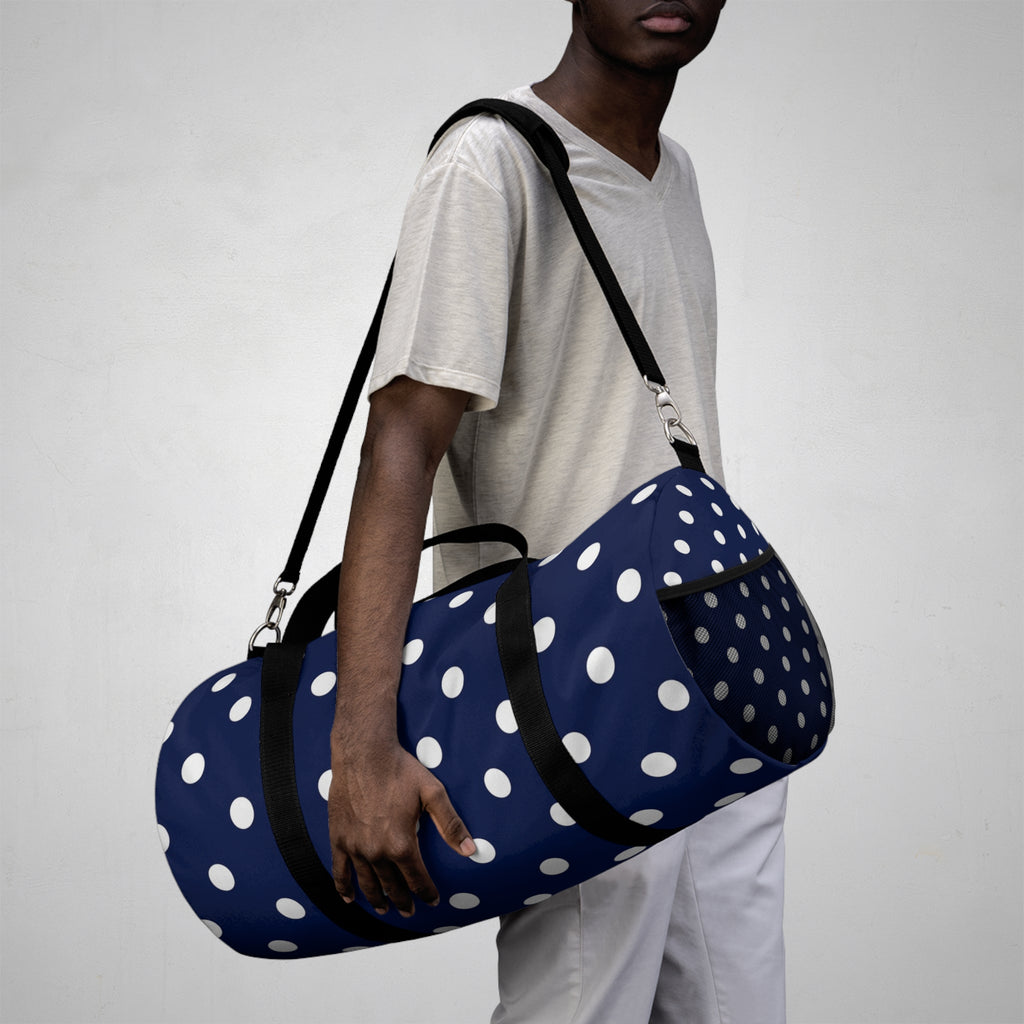 Navy Polka Dot Duffel Bag — Stylish Travel & Gym Tote