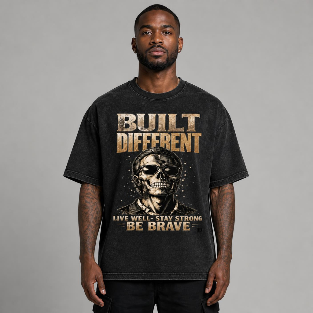 Built Different: Live Well, Stay Strong, Be Brave Snow Washed Oversized Cotton T-Shirt