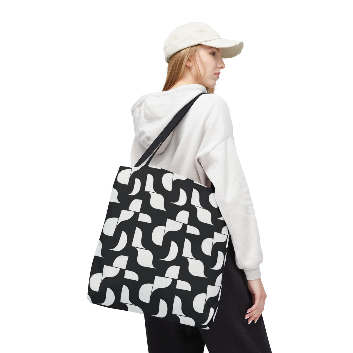 Monochrome Geometric Tote Bag, Black and White Patterned Shopping Bag, Stylish Shoulder Bag, Reusable Grocery Tote, Eco-Friendly Carryall,