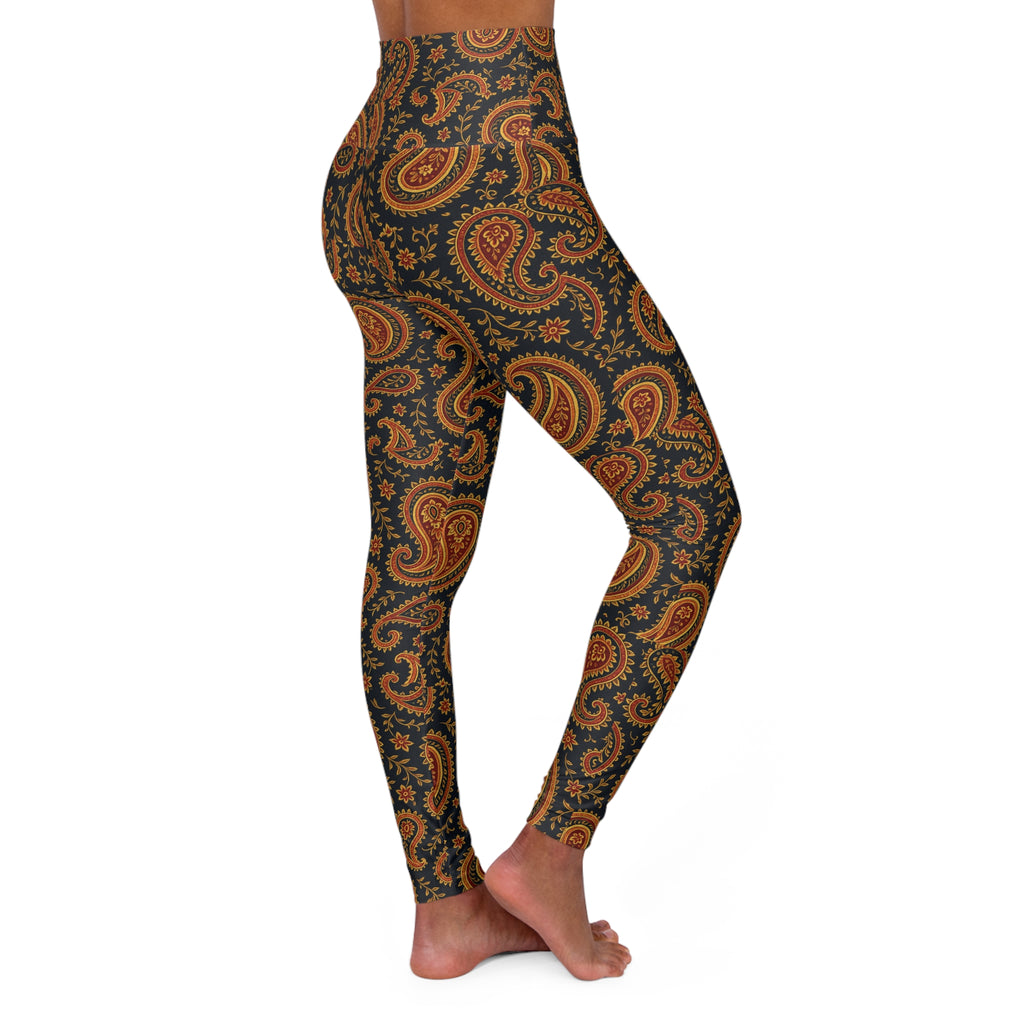 Autumn Paisley Print Leggings High Waisted Yoga Leggings | Brown Orange Patterned