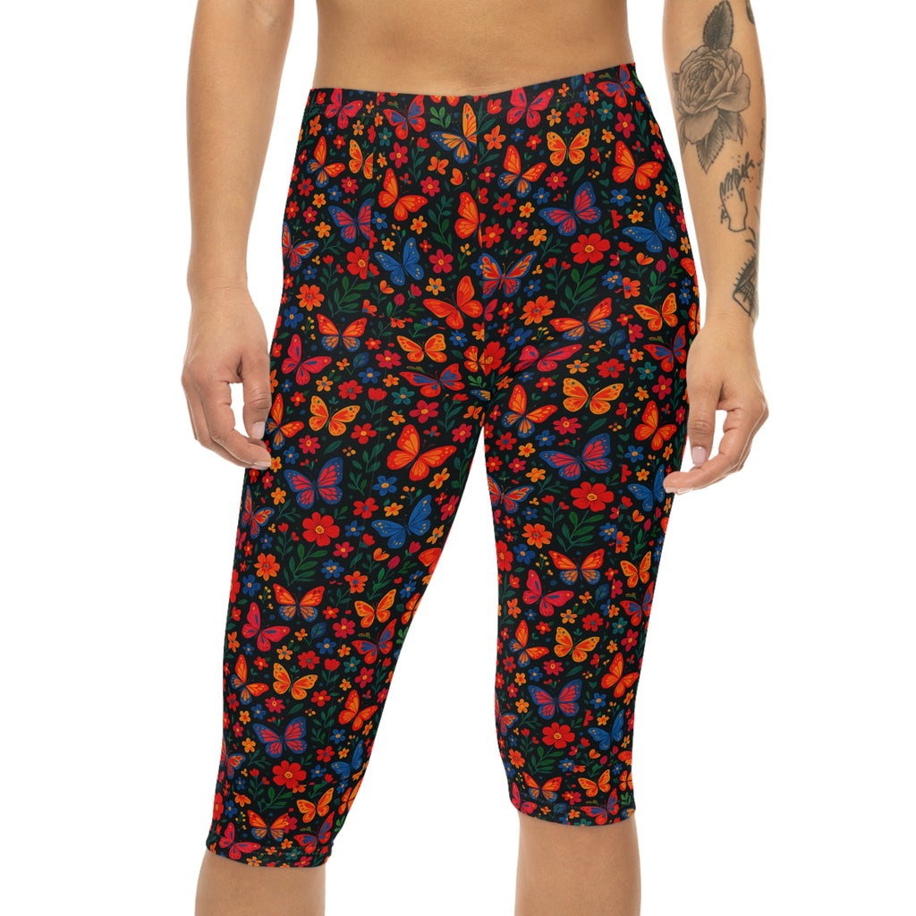 Colorful Butterfly Floral Capri Leggings | Bright All-Over Print