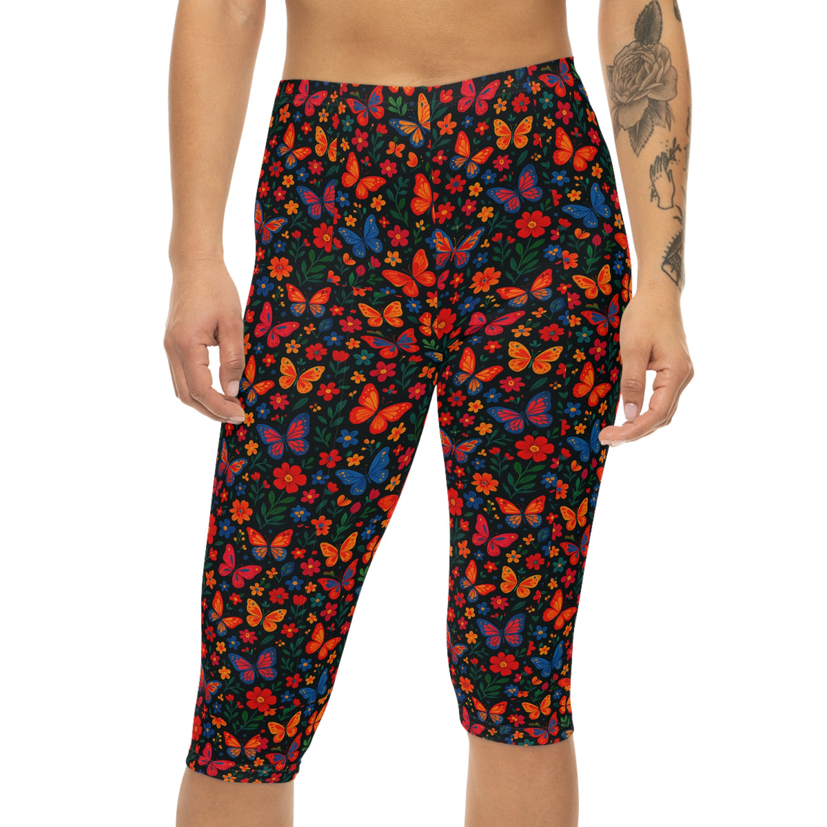 Colorful Butterfly Floral Capri Leggings | Bright All-Over Print