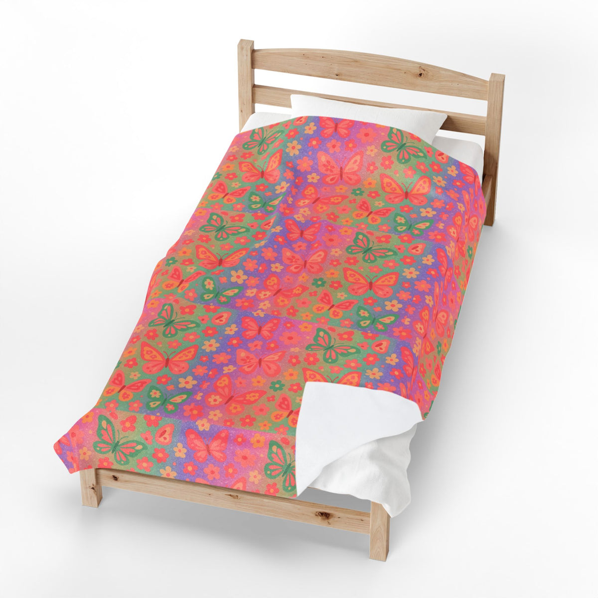 Butterfly Pattern Velveteen Plush Blanket | Pink Orange Floral Throw