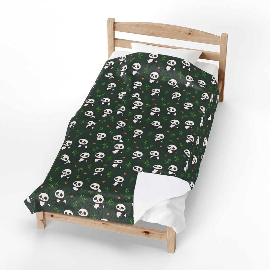 Panda Pattern Velveteen Plush Blanket | Green Skull Floral Repeat