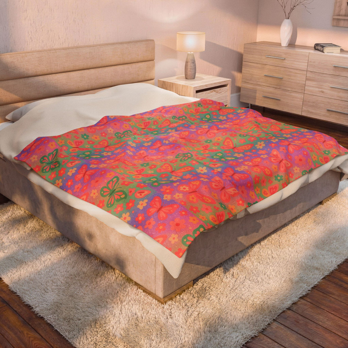 Butterfly Pattern Velveteen Plush Blanket | Pink Orange Floral Throw