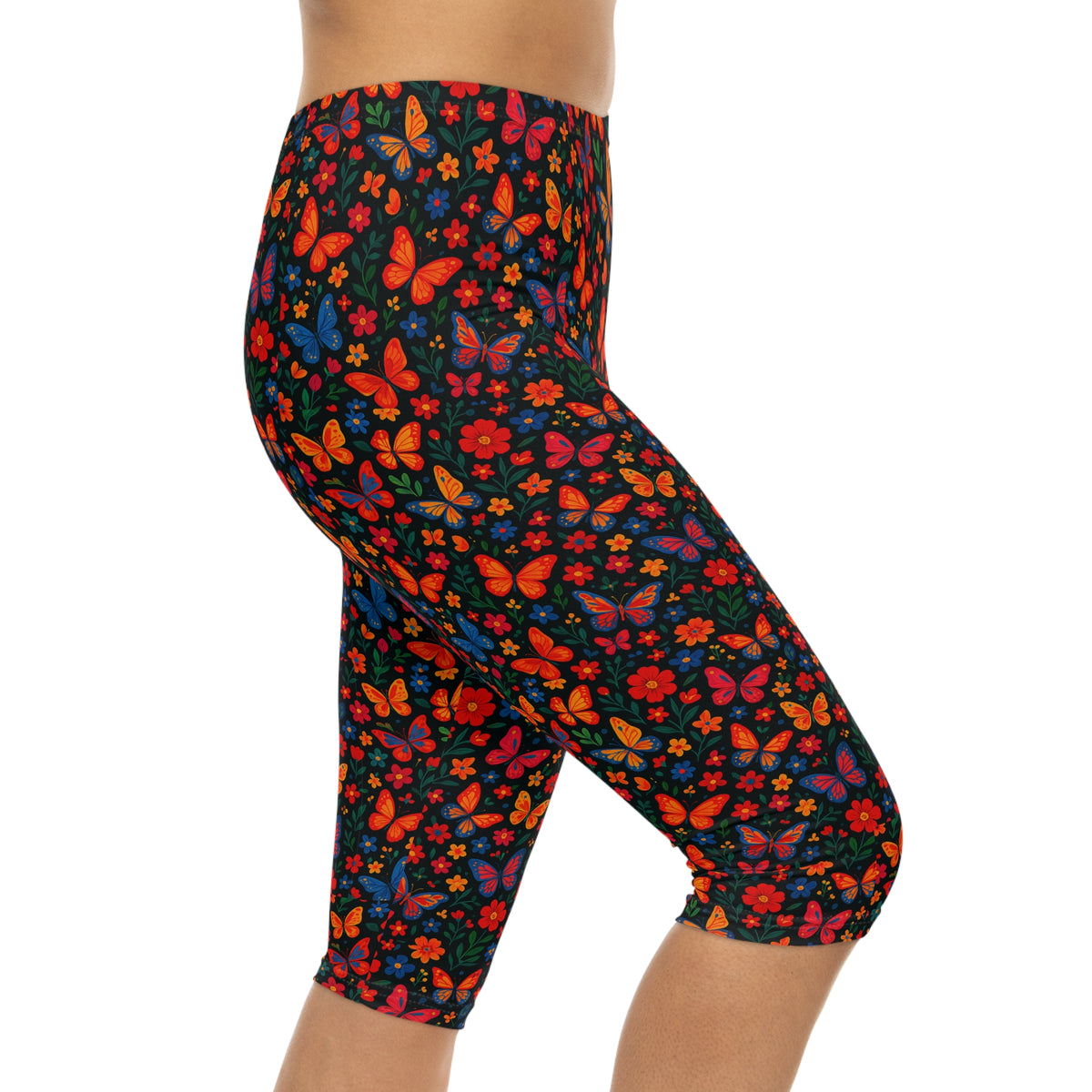 Colorful Butterfly Floral Capri Leggings | Bright All-Over Print