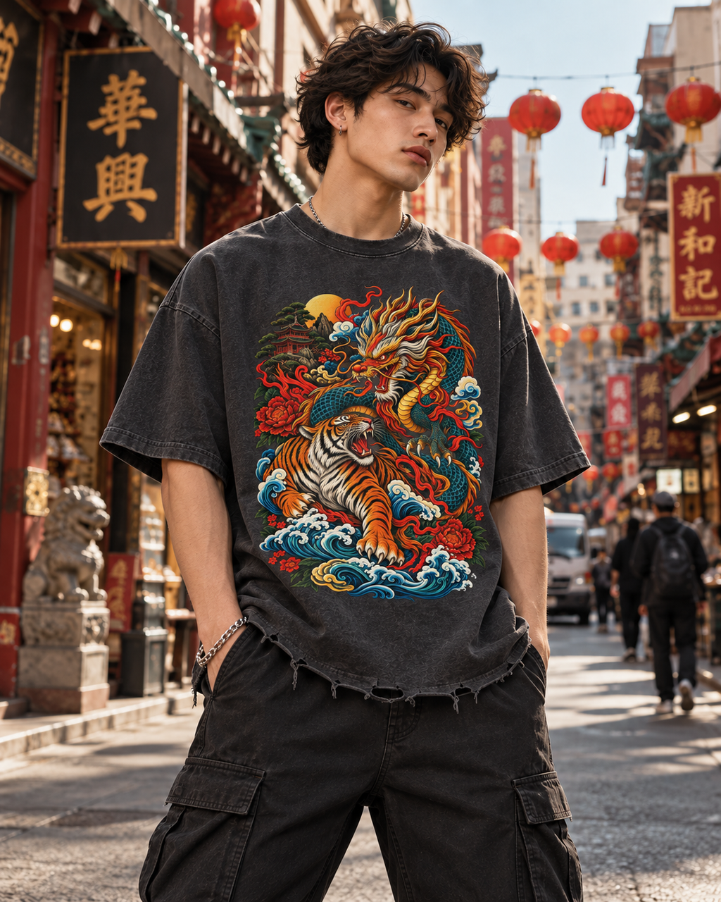 Dragon and Tiger Mythic Clash Snow Wash Raw-Hem Boxy T-Shirt