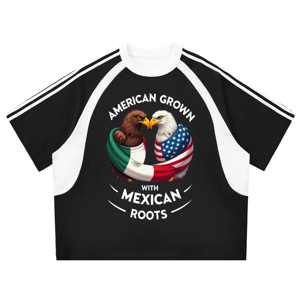 American Grown with Mexican Roots Contrast Stripes Panel Mesh T-Shirt