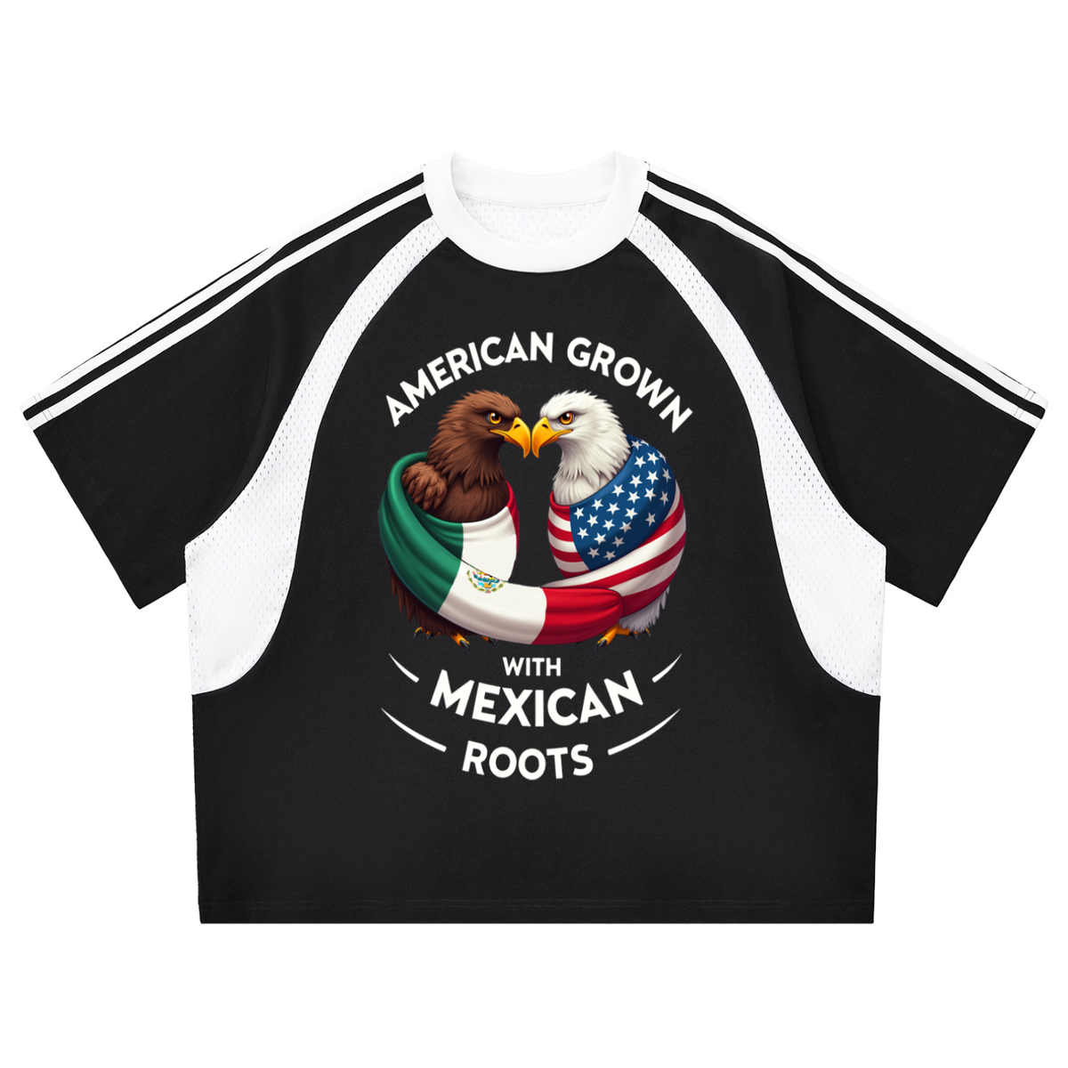 American Grown with Mexican Roots Contrast Stripes Panel Mesh T-Shirt