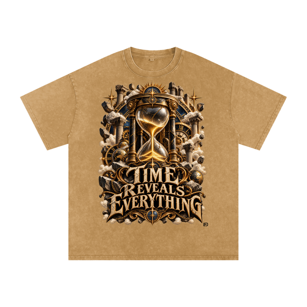 Time Reveals Everything - Snow Washed Oversized Cotton Graphic T-Shirt