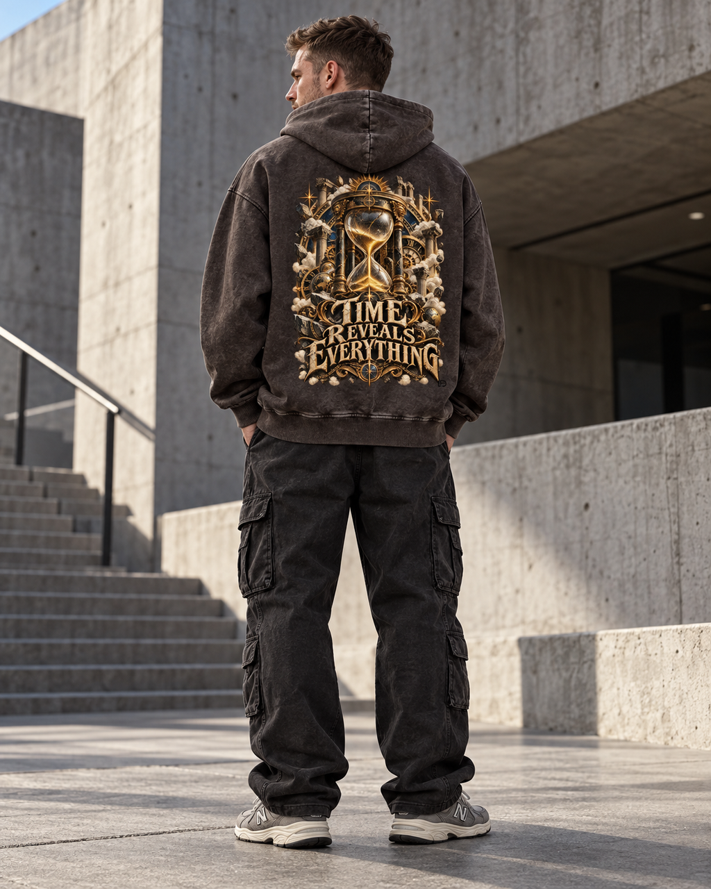 Time Reveals Everything - Snow Washed Loose Cotton Graphic Hoodie