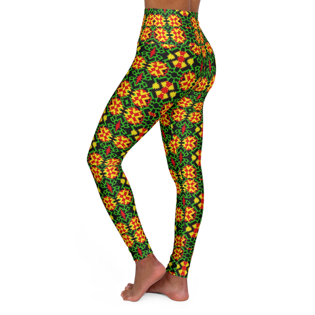 Green Geometric Floral Pattern Leggings | High Waisted Yoga Leggings