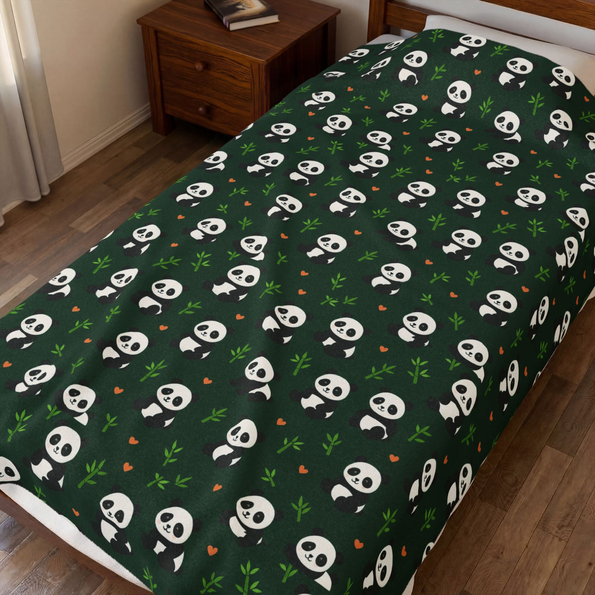 Panda Pattern Velveteen Plush Blanket | Green Skull Floral Repeat