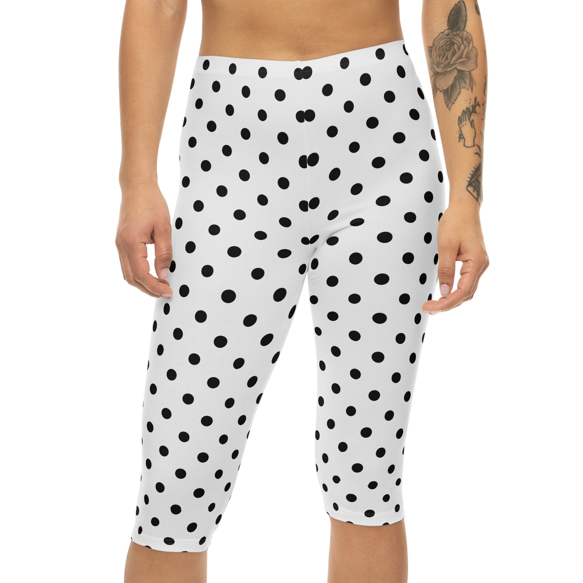 Black Polka Dot Capri Leggings | Women's Capri Leggings AOP