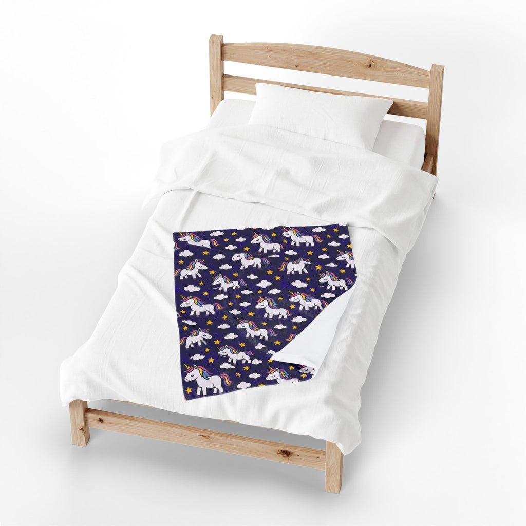 Cute Rainbow Unicorn Pattern Velveteen Plush Blanket | Navy Stars Clouds
