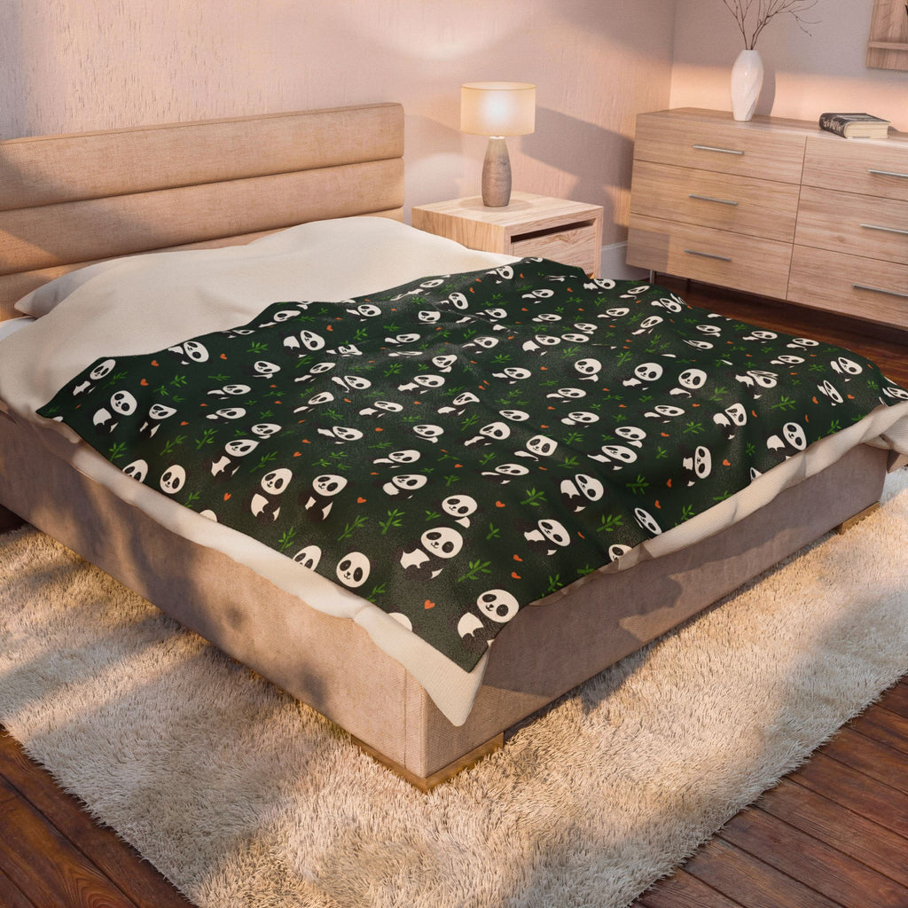 Panda Pattern Velveteen Plush Blanket | Green Skull Floral Repeat