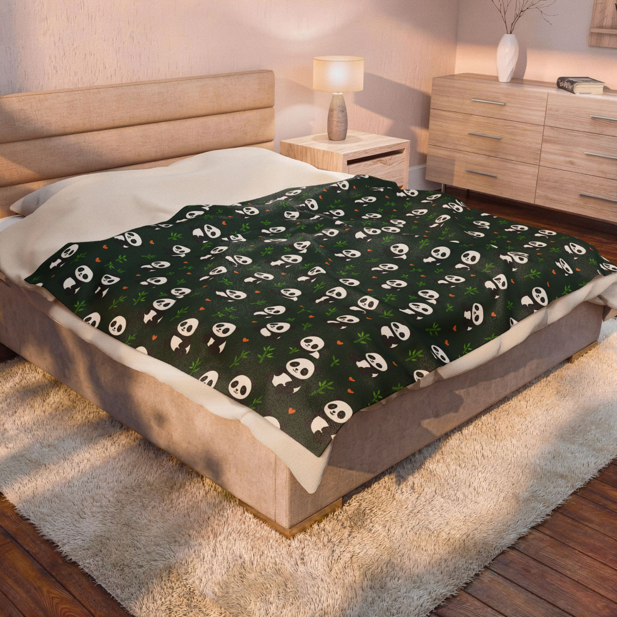 Panda Pattern Velveteen Plush Blanket | Green Skull Floral Repeat