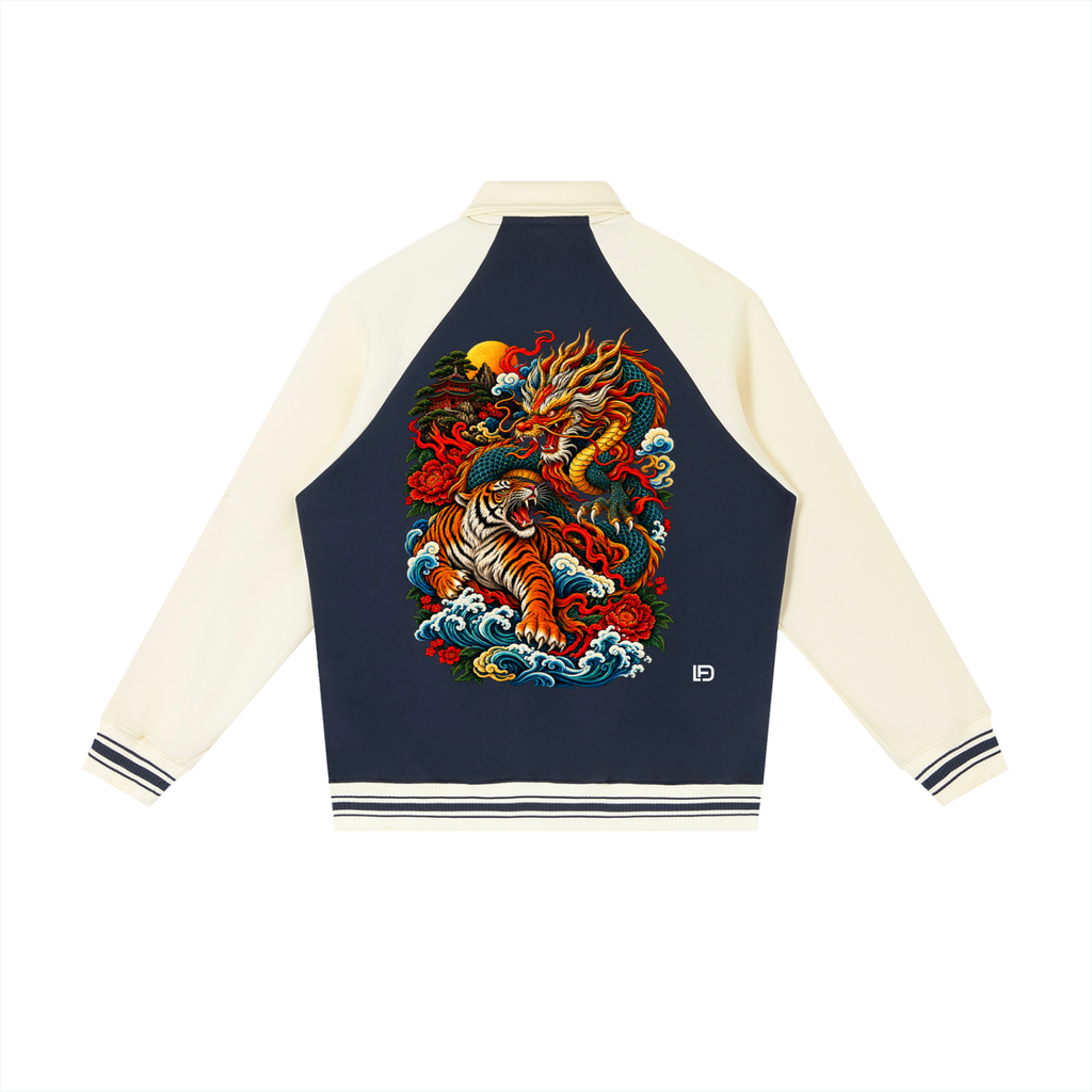 Dragon and Tiger Mythic Clash Contrast Raglan Sleeve Baseball Jacket