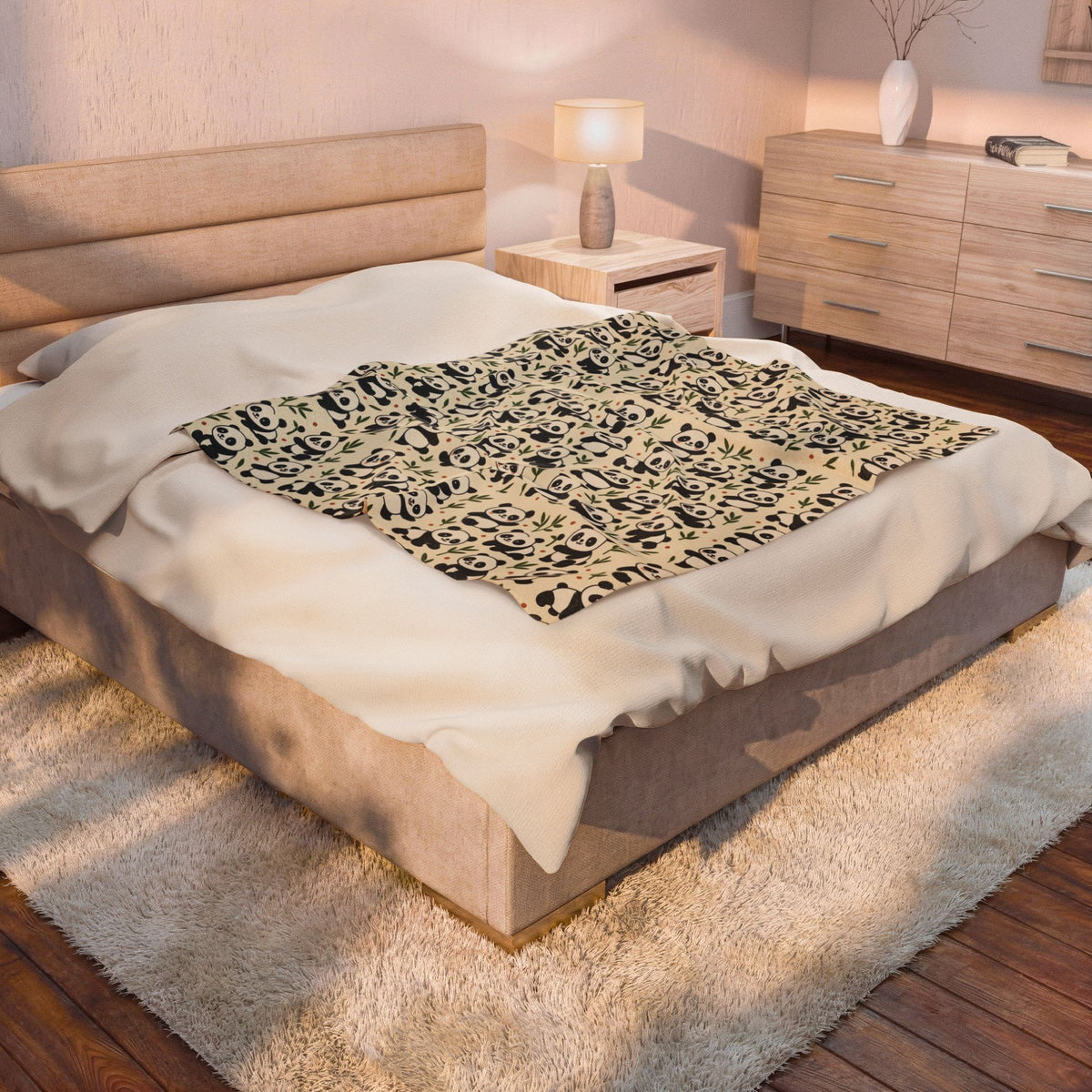 Panda Pattern Velveteen Plush Blanket | Cute Bamboo Bears, Repeating Design