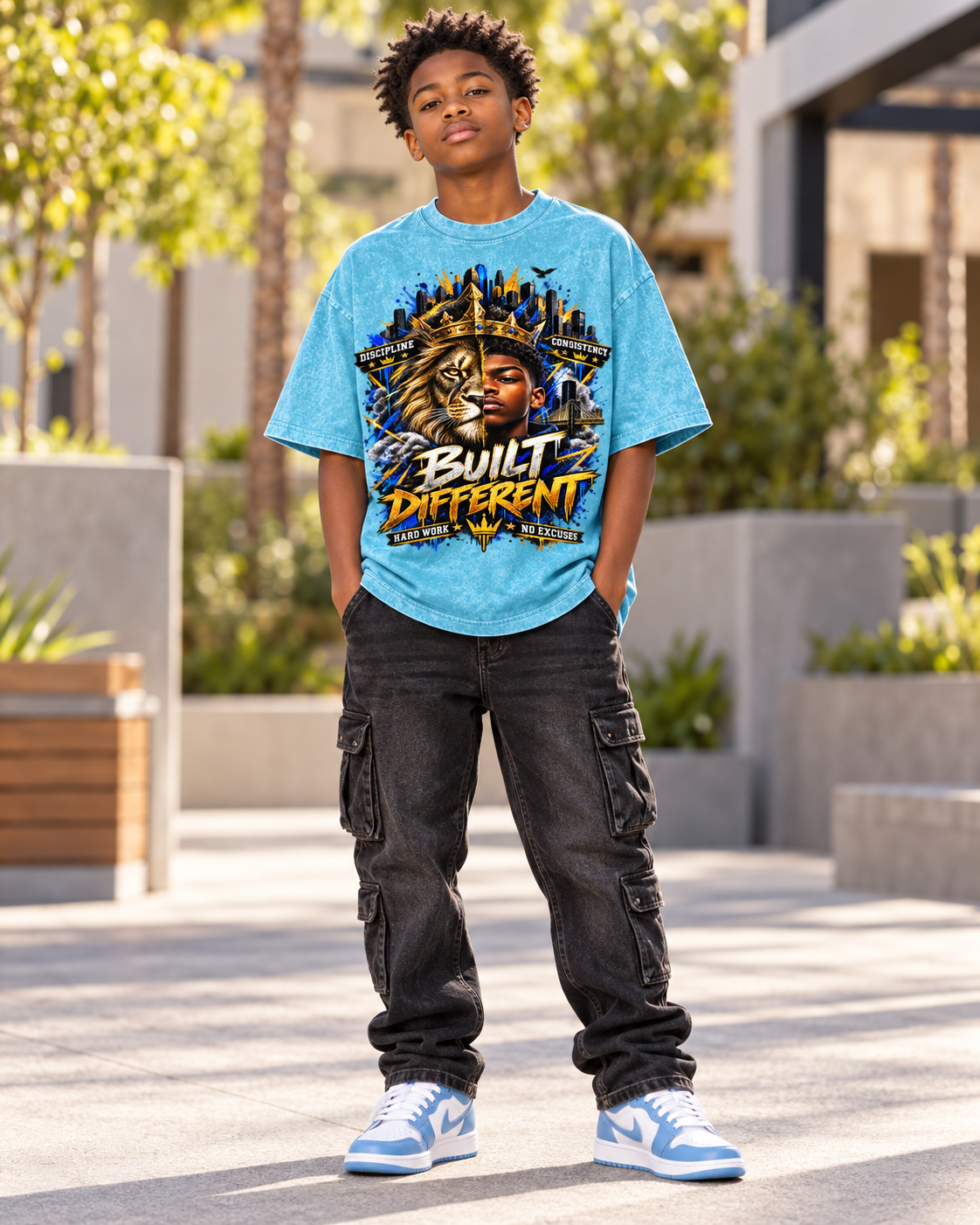 Kids & Teens Built Different: Crowned Duality Snow Washed Oversized Cotton T-Shirt