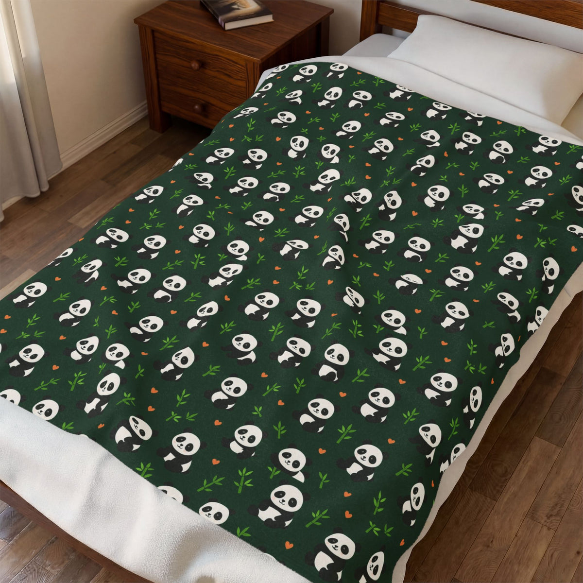 Panda Pattern Velveteen Plush Blanket | Green Skull Floral Repeat