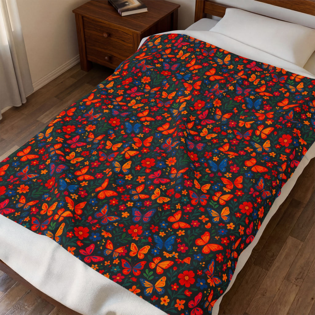 Autumn Butterflies Velveteen Plush Blanket | Fall Leaf Pattern, Cozy Throw Blanket, Fluttering Butterfly Bedding, Soft Autumn Lap Blanket,