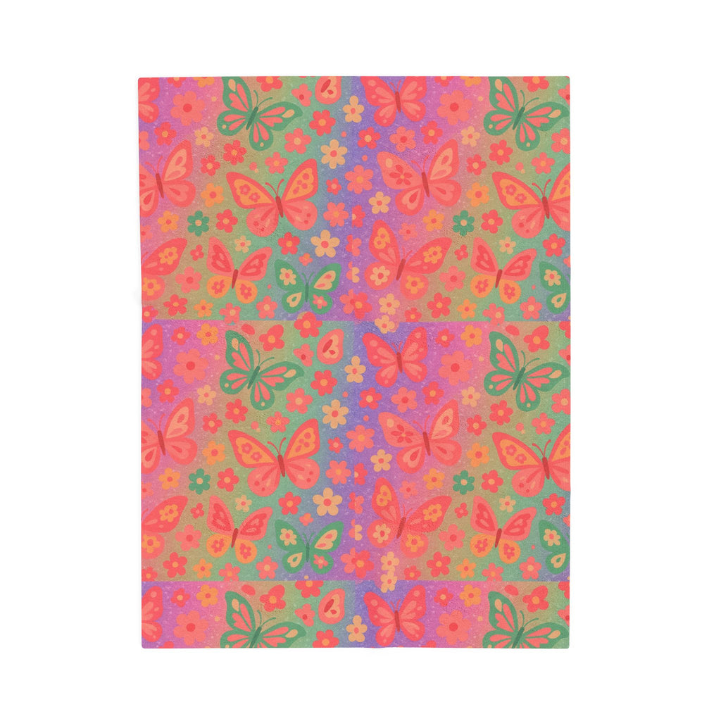 Butterfly Pattern Velveteen Plush Blanket | Pink Orange Floral Throw