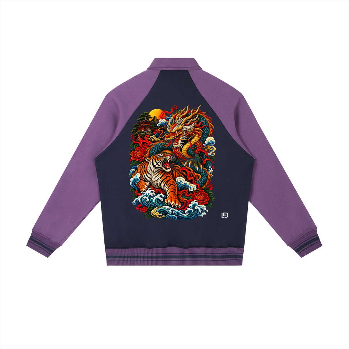Dragon and Tiger Mythic Clash Contrast Raglan Sleeve Baseball Jacket