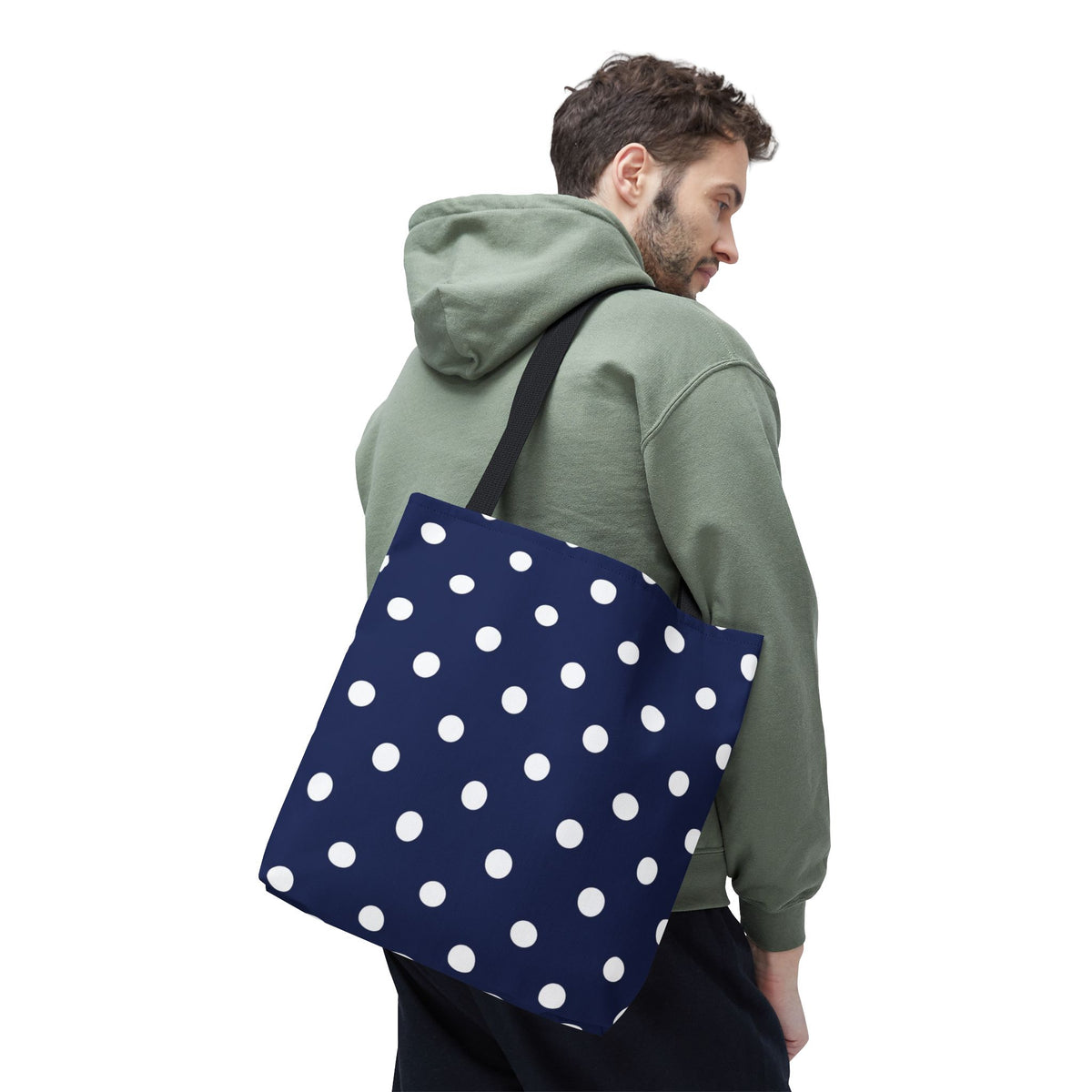 Navy Polka Dot Tote Bag | White Dots All Over Pattern