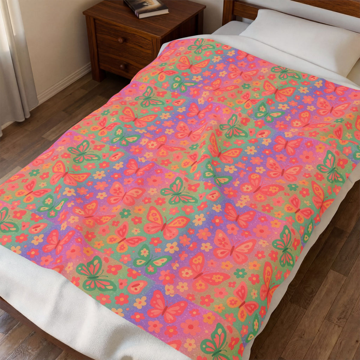 Butterfly Pattern Velveteen Plush Blanket | Pink Orange Floral Throw