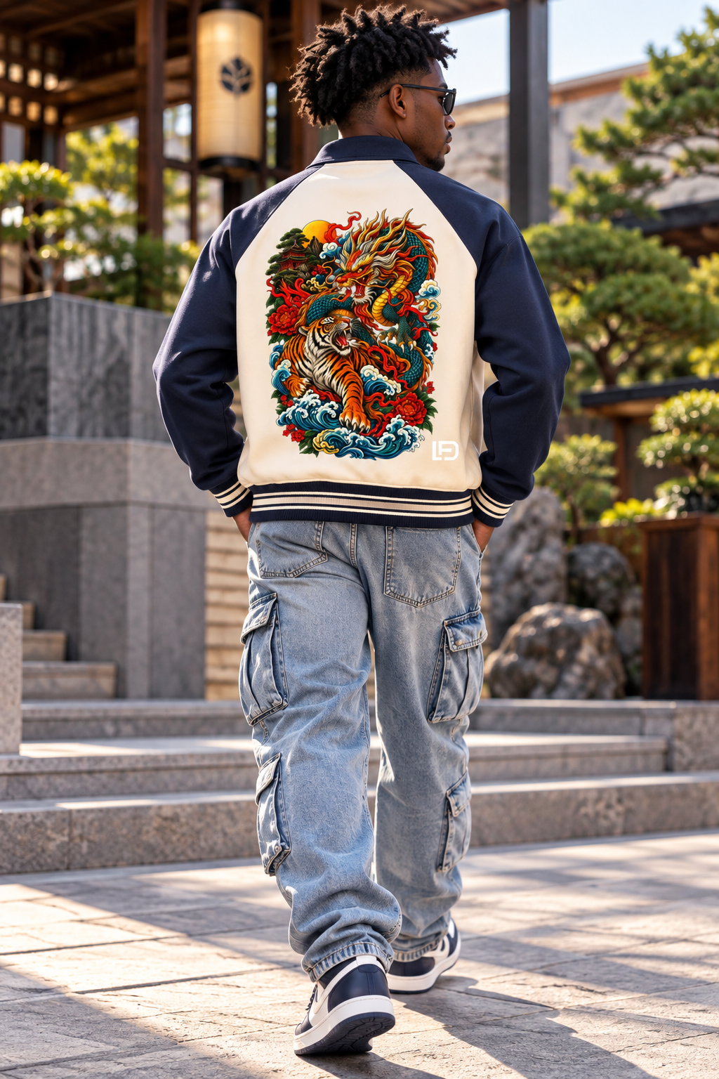 Dragon and Tiger Mythic Clash Contrast Raglan Sleeve Baseball Jacket