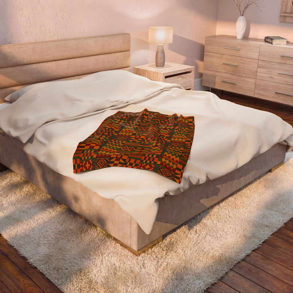 Kente Pattern Velveteen Plush Blanket | African Inspired Geometric Throw