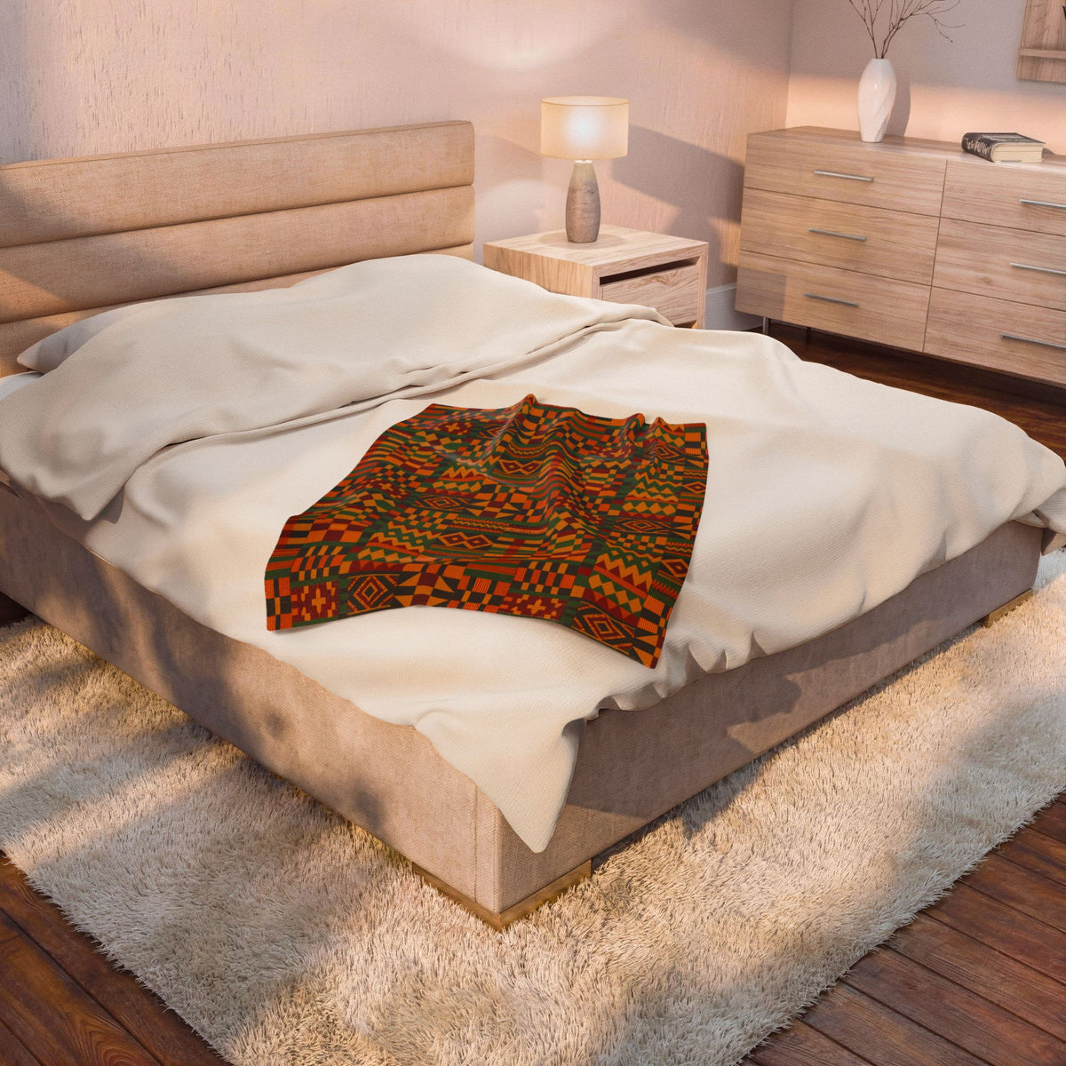 Kente Pattern Velveteen Plush Blanket | African Inspired Geometric Throw