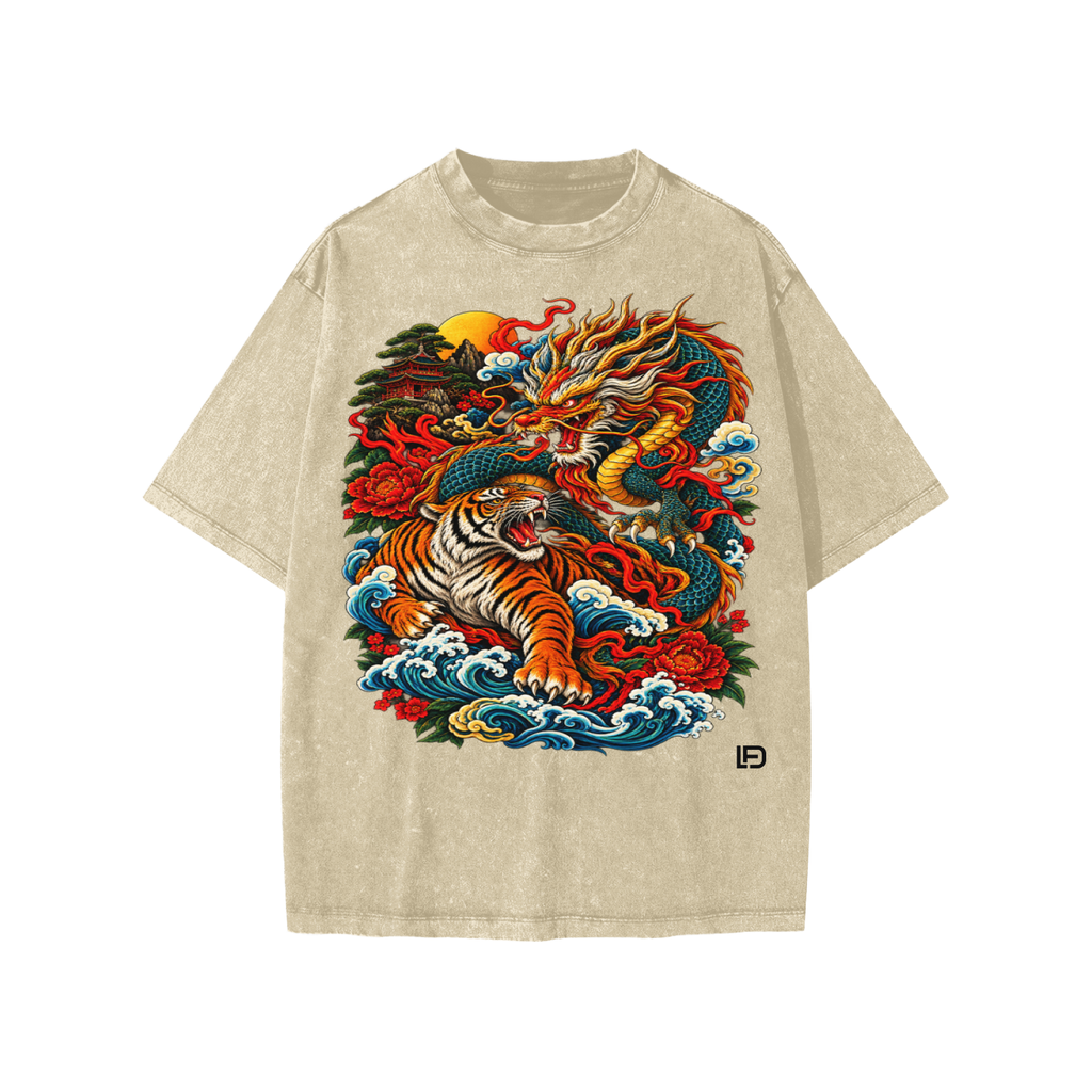 Kids & Teens Dragon and Tiger Mythic Clash – Snow Wash Raw-Hem Boxy T-Shirt