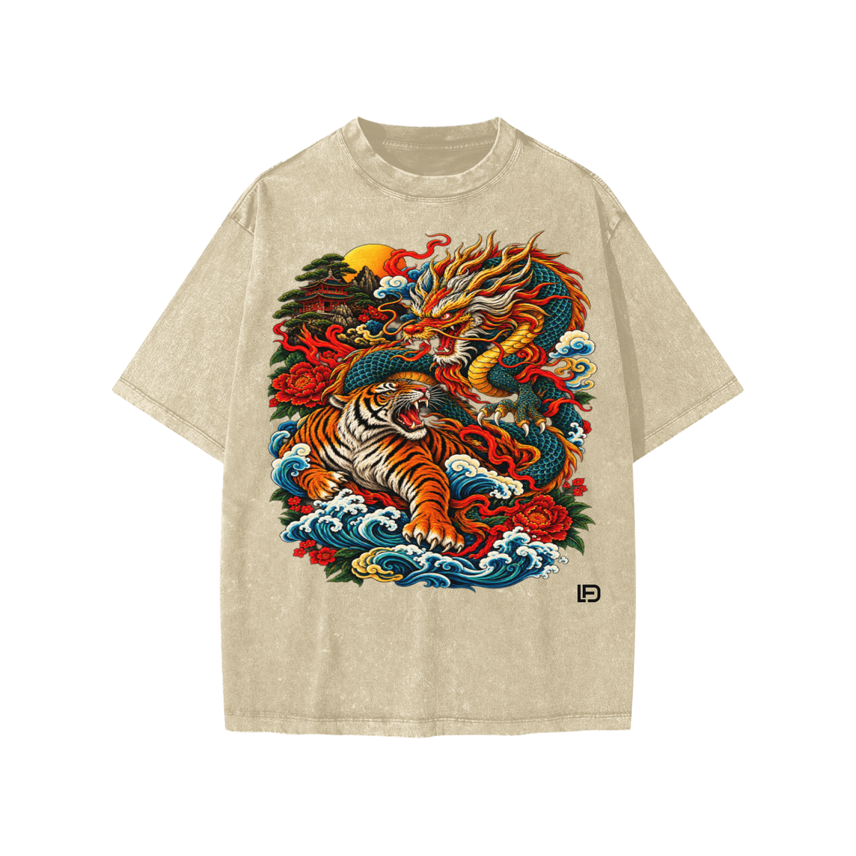Kids & Teens Dragon and Tiger Mythic Clash – Snow Wash Raw-Hem Boxy T-Shirt