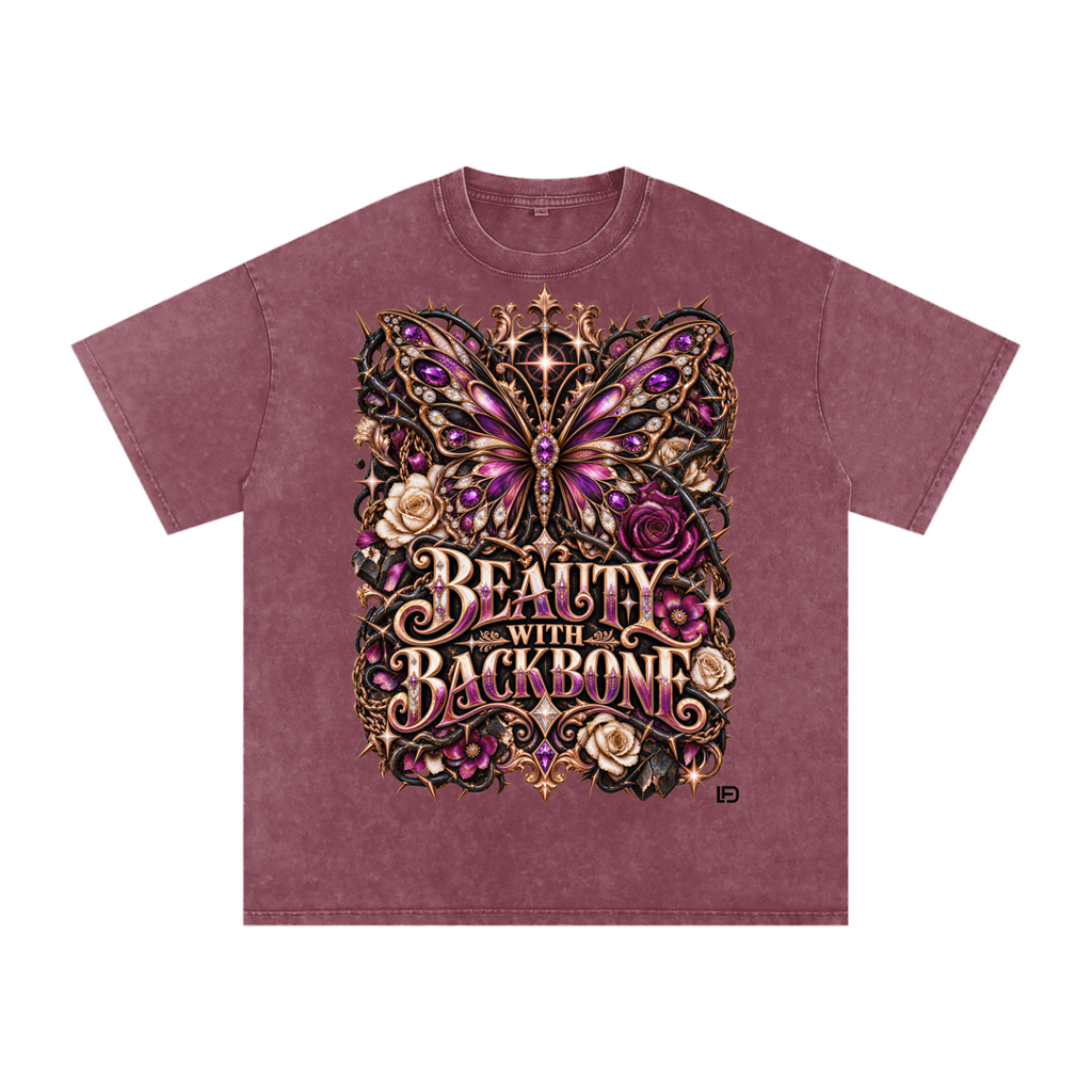Beauty With Backbone – Snow Washed Oversized Cotton Graphic T-Shirt