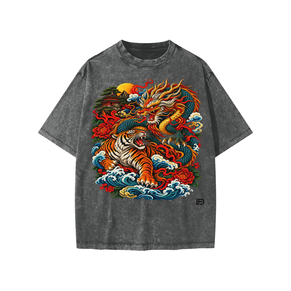 Kids & Teens Dragon and Tiger Mythic Clash – Snow Wash Raw-Hem Boxy T-Shirt