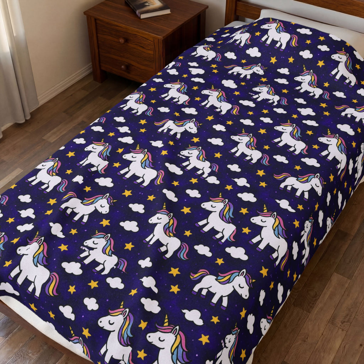 Cute Rainbow Unicorn Pattern Velveteen Plush Blanket | Navy Stars Clouds