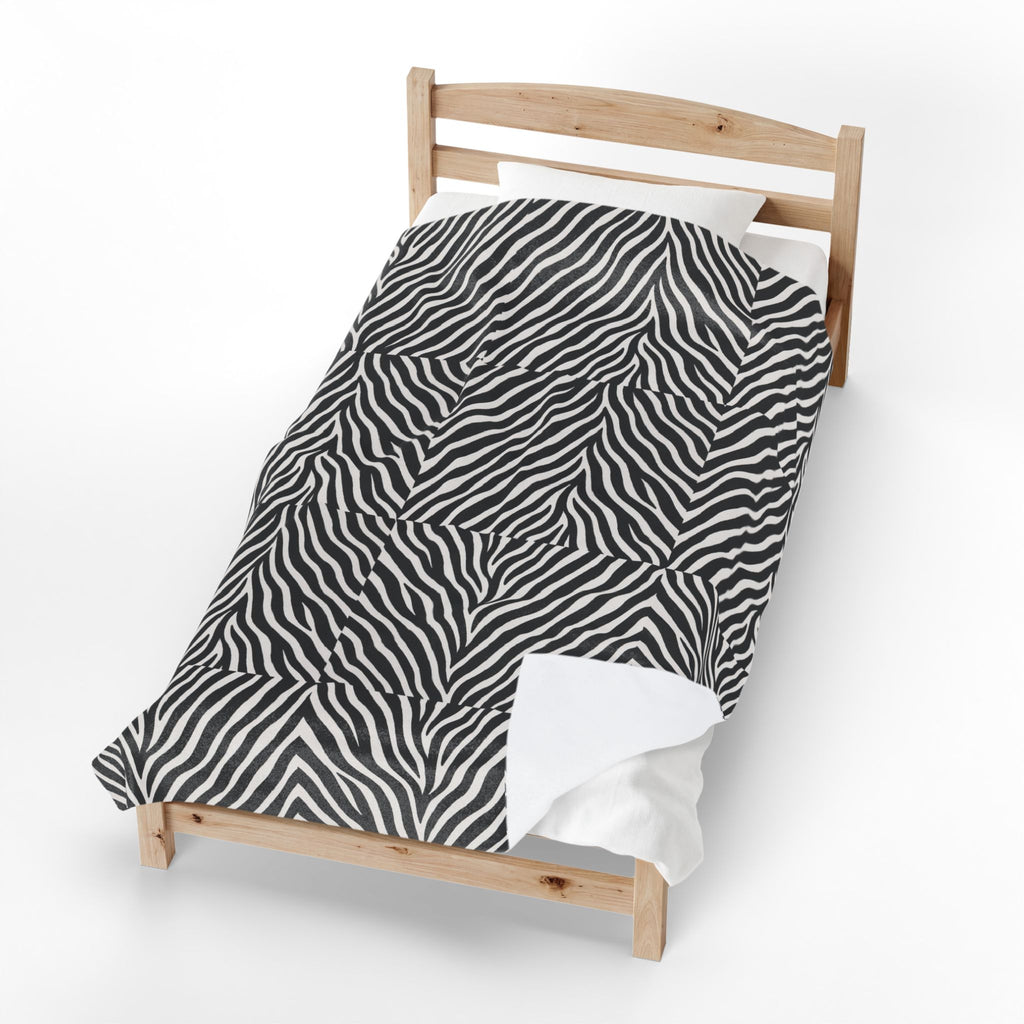 Zebra Stripe Pattern Velveteen Plush Blanket | Black White Animal Print