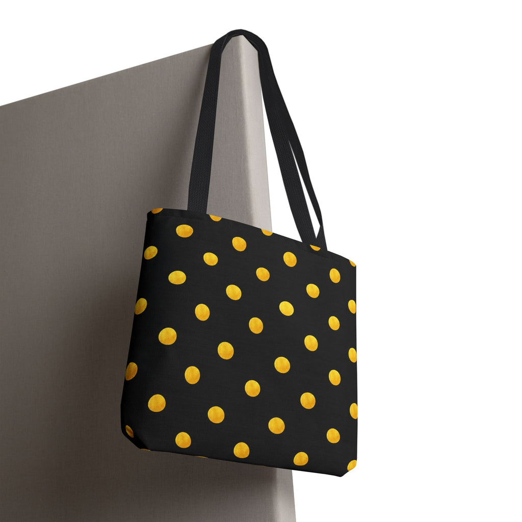 Gold Polka Dot Tote Bag | Black Background, Metallic Spot Pattern