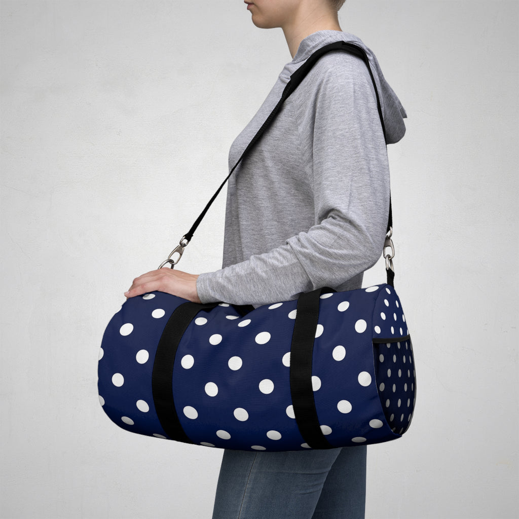 Navy Polka Dot Duffel Bag — Stylish Travel & Gym Tote