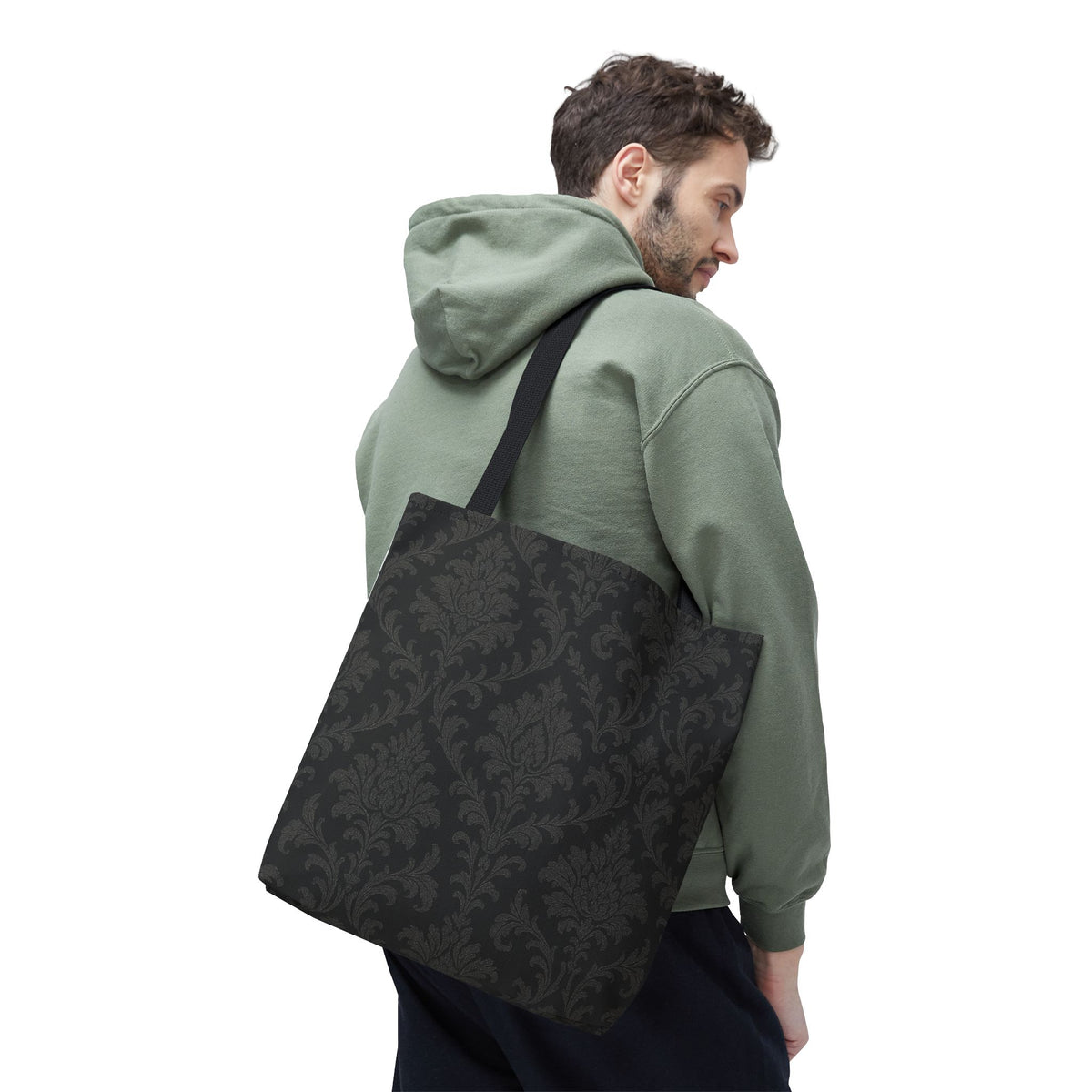 Dark Damask Pattern Tote Bag | Vintage Floral All-Over Print
