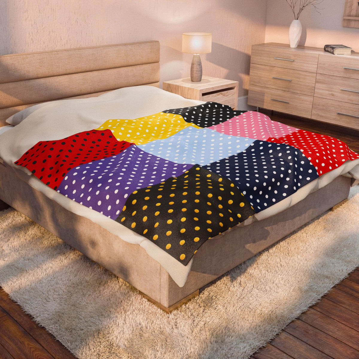 Polka Dot Patchwork Velveteen Plush Blanket | Colorful Dots Throw