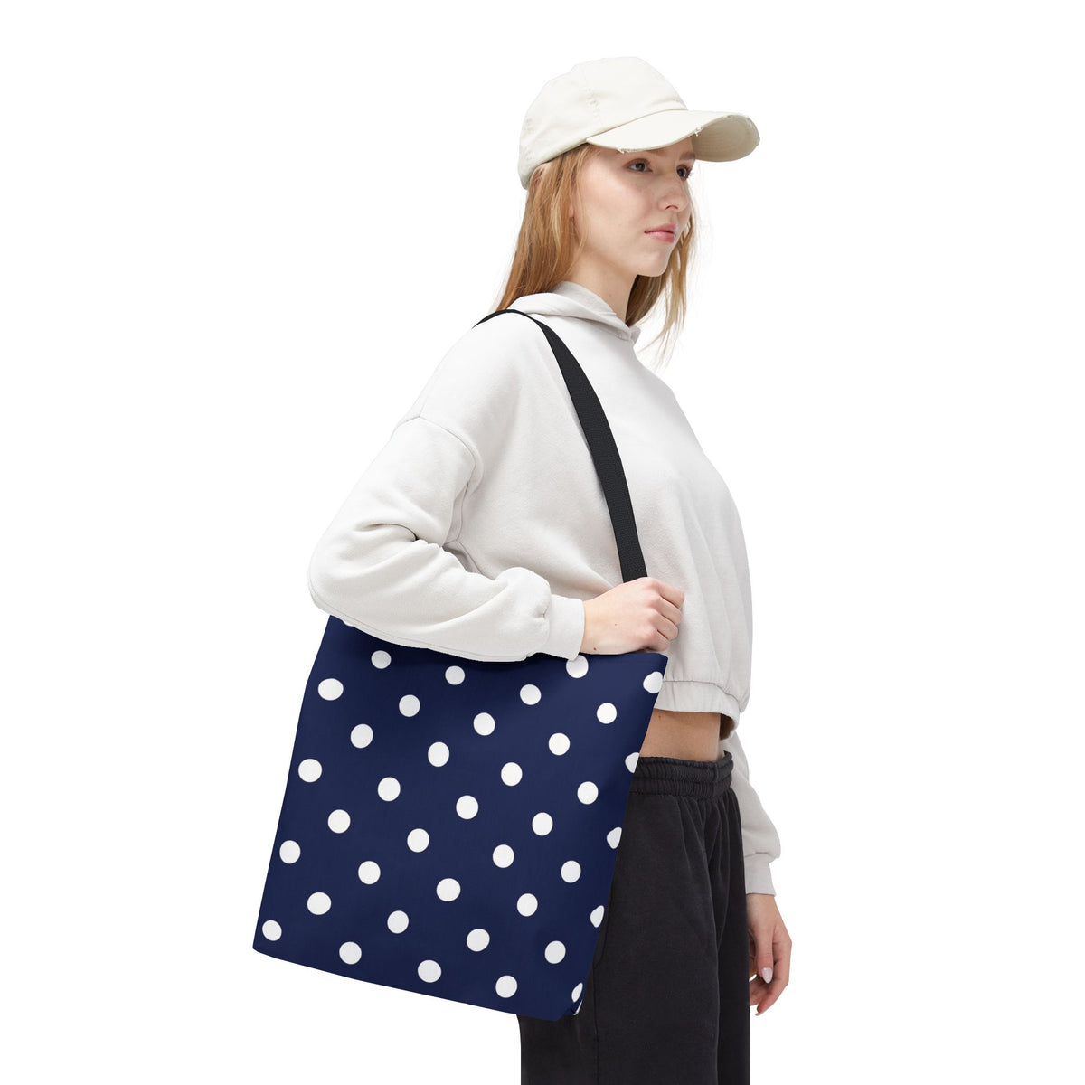 Navy Polka Dot Tote Bag | White Dots All Over Pattern