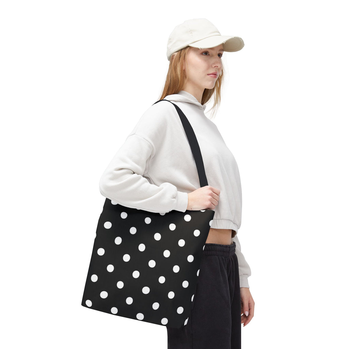 Black Polka Dot Tote Bag | White Dots on Black Background