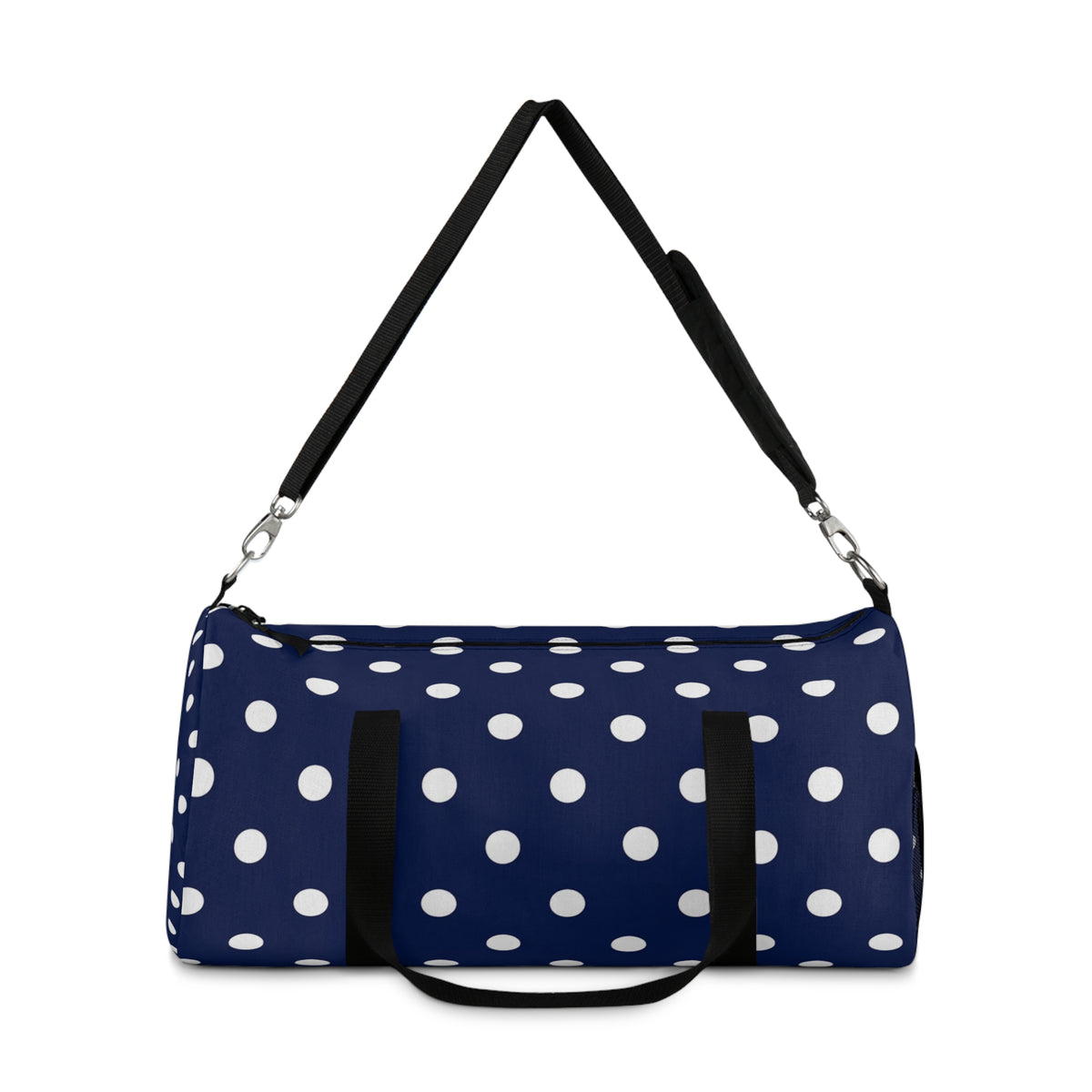 Navy Polka Dot Duffel Bag — Stylish Travel & Gym Tote