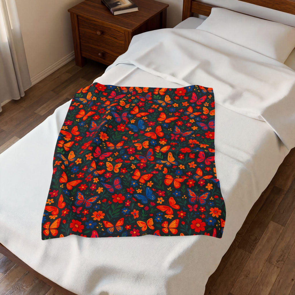Autumn Butterflies Velveteen Plush Blanket | Fall Leaf Pattern, Cozy Throw Blanket, Fluttering Butterfly Bedding, Soft Autumn Lap Blanket,
