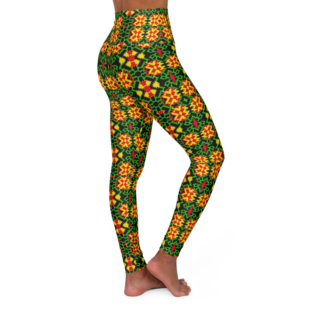 Green Geometric Floral Pattern Leggings | High Waisted Yoga Leggings